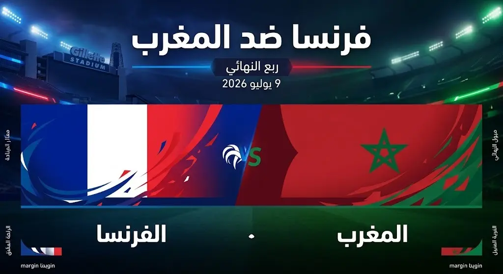 تصميم إنفوجرافيك رياضي احترافي يوضح موعد وتفاصيل مباراة فرنسا والمغرب في ربع نهائي كأس العالم 2026 مع خلفية لملعب جيليت