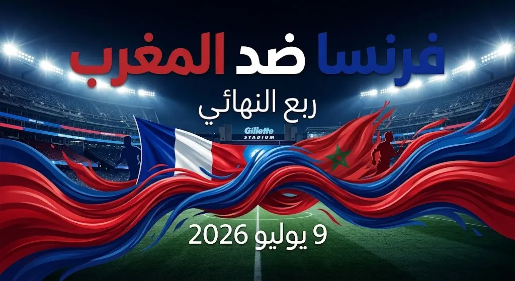 بطاقة بصرية احترافية لموعد مباراة فرنسا والمغرب في ربع نهائي كأس العالم 2026 تظهر ملعب جيليت في بوسطن.