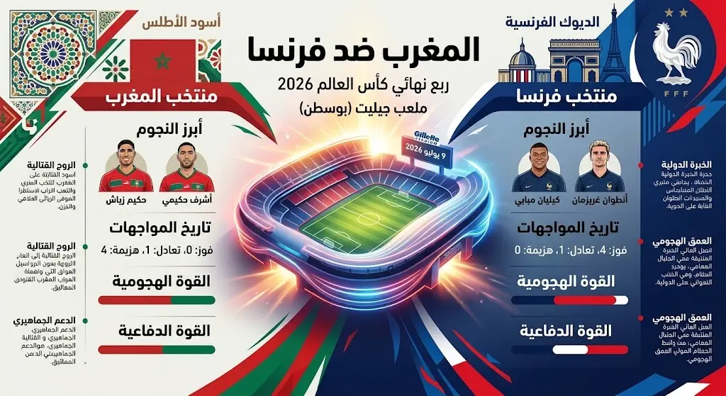 بطاقة بصرية لمباراة المغرب وفرنسا في ربع نهائي كأس العالم 2026 تبرز ألوان الفريقين بتصميم عصري.