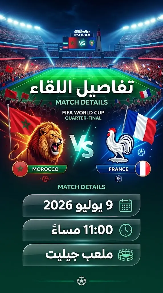 بطاقة معلومات رياضية توضح التوقيت والملعب والمعلقين لمباراة المغرب وفرنسا في ربع نهائي كأس العالم 2026.