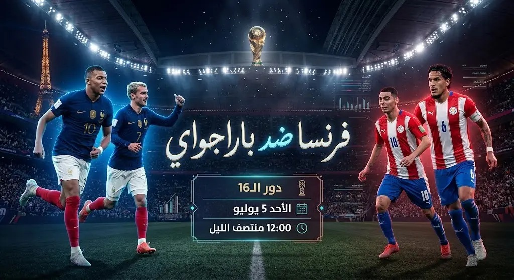 بطاقة معلومات أنيقة تستعرض موعد مباراة فرنسا وباراجواي يوم الأحد 5 يوليو في منتصف الليل ضمن منافسات دور الـ16 من كأس العالم.