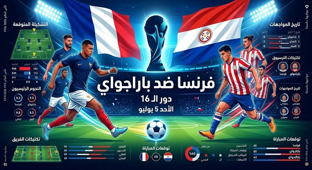 إنفوجرافيك رياضي يوضح موعد وتفاصيل مباراة فرنسا وباراجواي في دور الستة عشر من كأس العالم 2026
