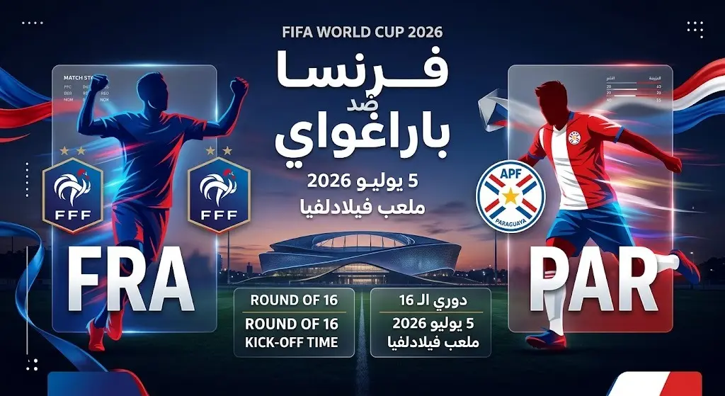 بطاقة معلومات توضح موعد وملعب مباراة فرنسا وباراغواي في دور الـ 16 من كأس العالم 2026