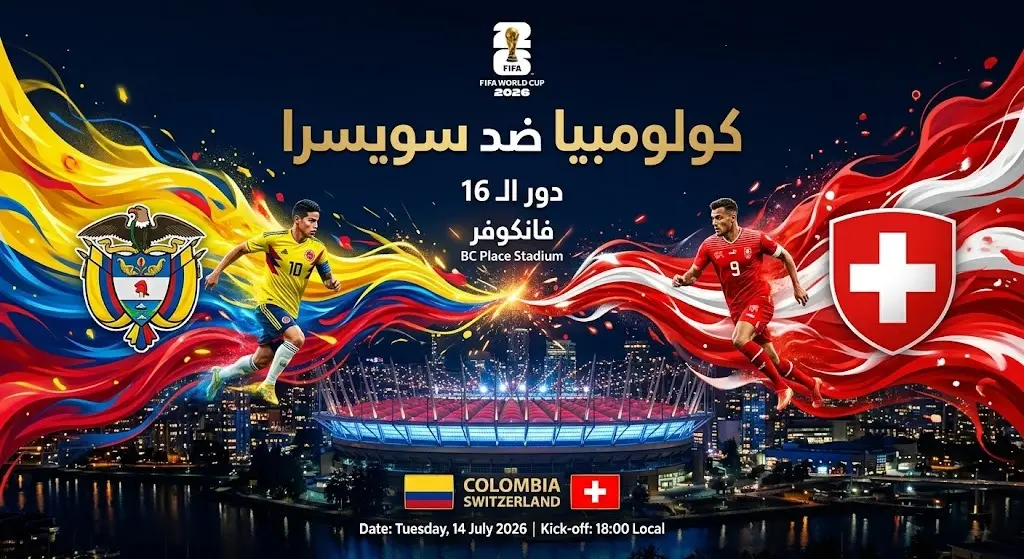 بطاقة بصرية إبداعية تعلن عن مباراة كولومبيا وسويسرا في دور الـ16 من كأس العالم بمدينة فانكوفر.
