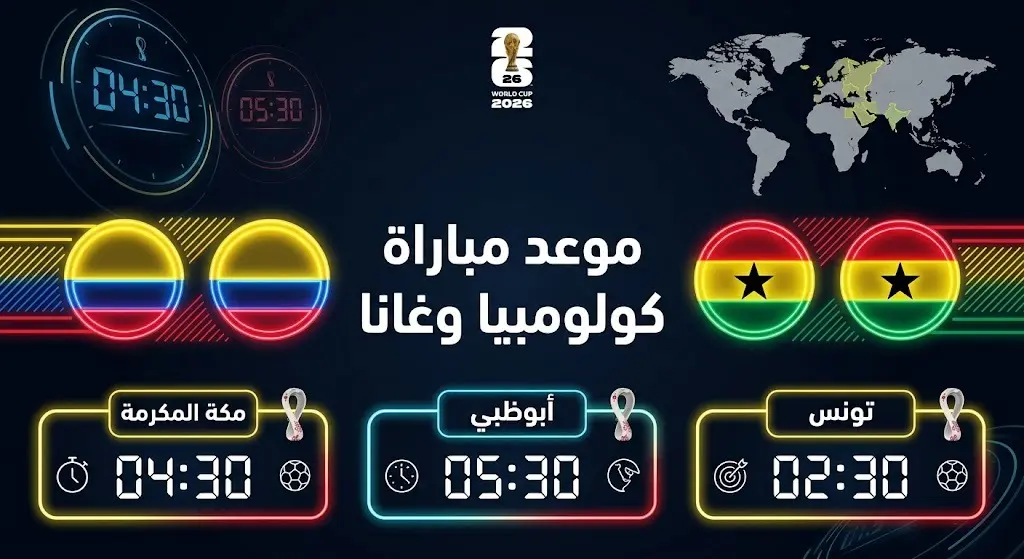 إنفوجرافيك يوضح مواعيد انطلاق مباراة كولومبيا وغانا في دور الـ32 من كأس العالم 2026 بمختلف توقيتات الدول العربية.