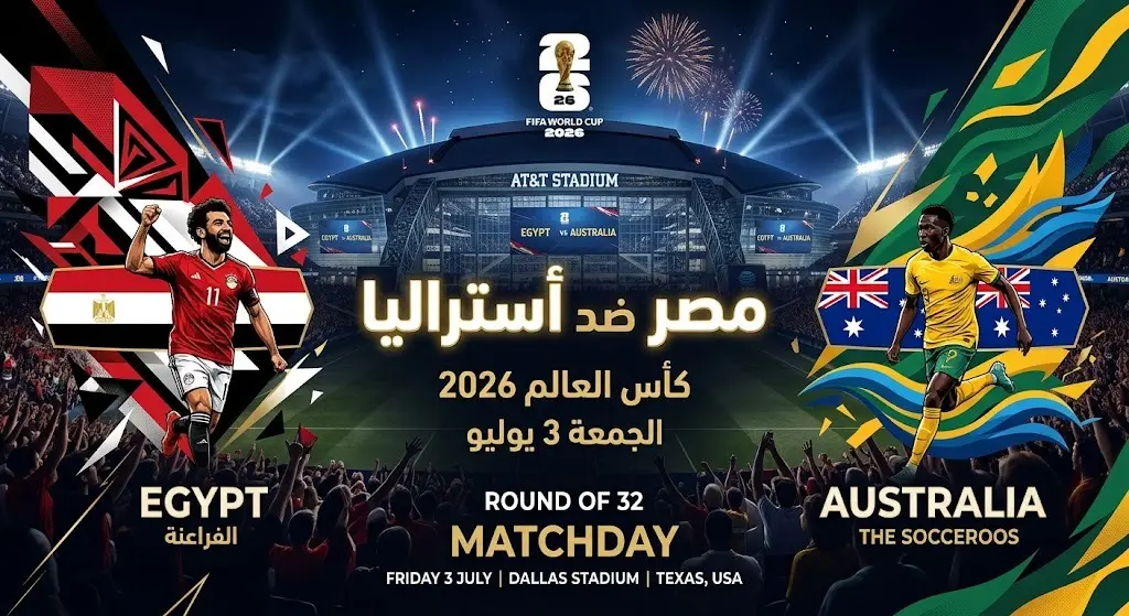 إنفوجرافيك يوضح موعد مباراة مصر وأستراليا في دور الـ 32 من كأس العالم 2026 والملعب المستضيف.