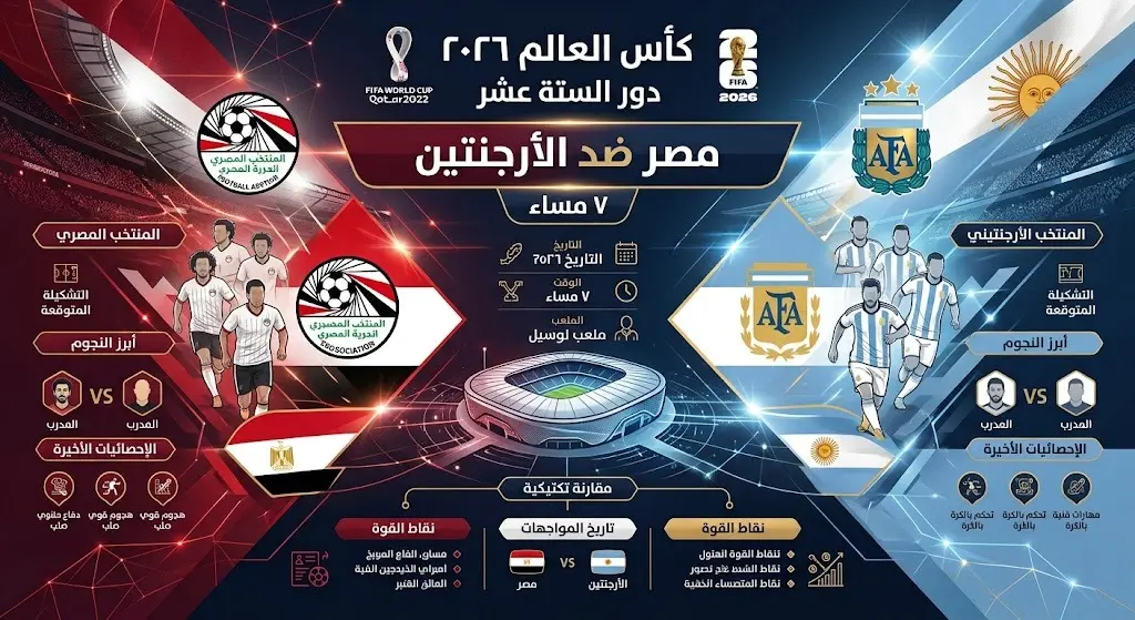 بطاقة معلومات احترافية توضح تفاصيل وموعد انطلاق مباراة مصر والأرجنتين في دور الـ16 من كأس العالم 2026.