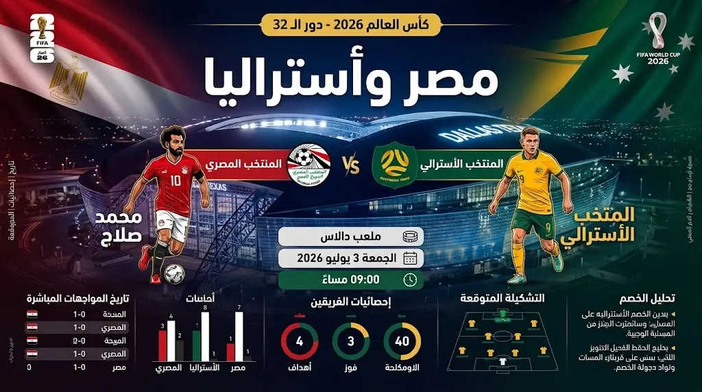 إنفوجرافيك احترافي يوضح تفاصيل موعد ومكان إقامة مباراة مصر وأستراليا في دور الـ 32 من كأس العالم 2026، متضمناً اسم ملعب دالاس وتوقيت اللقاء.