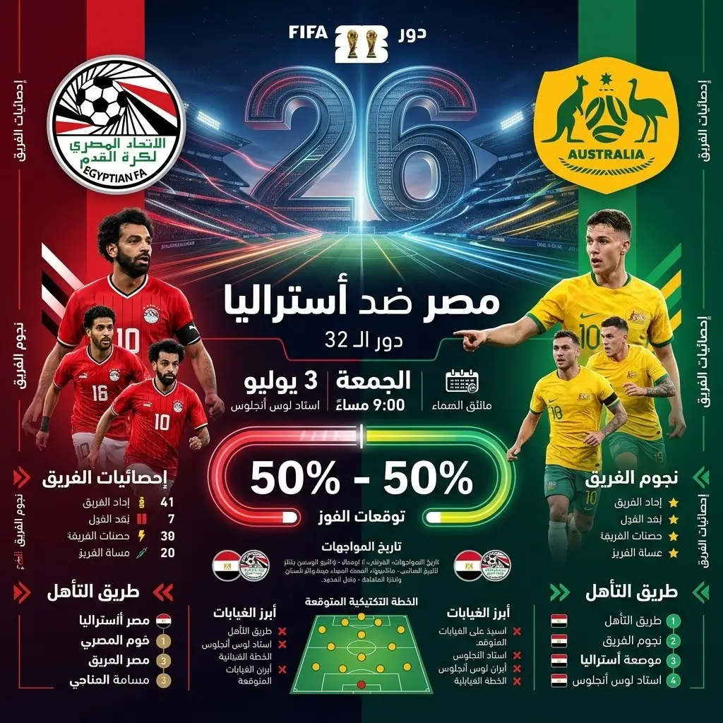 بطاقة معلومات بصرية تستعرض تفاصيل وموعد مباراة مصر وأستراليا في دور الـ32 من كأس العالم 2026 بنسبة حظوظ متساوية