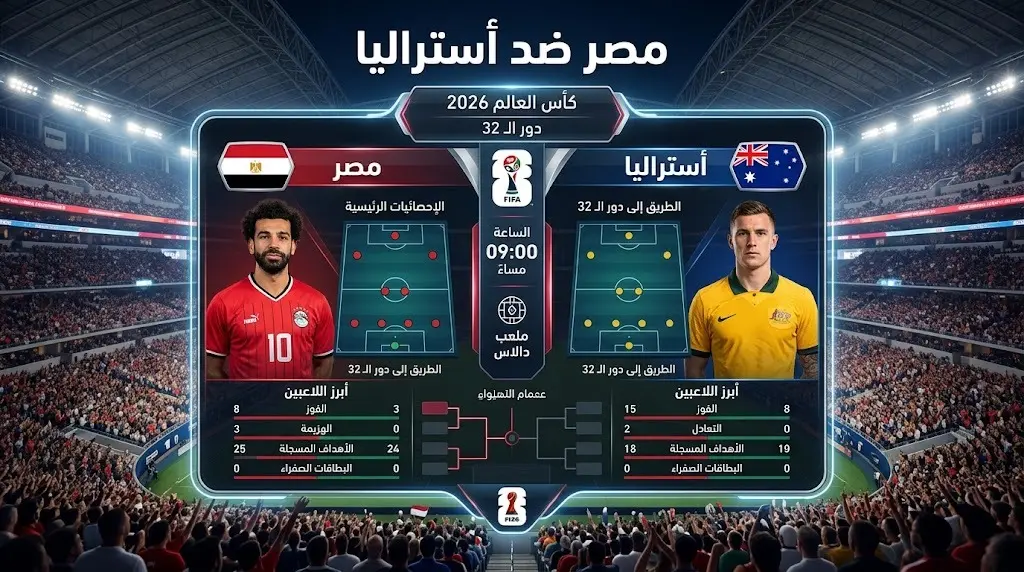 إنفوجرافيك رياضي احترافي يعرض موعد وتفاصيل مباراة مصر وأستراليا في دور الـ32 من كأس العالم 2026