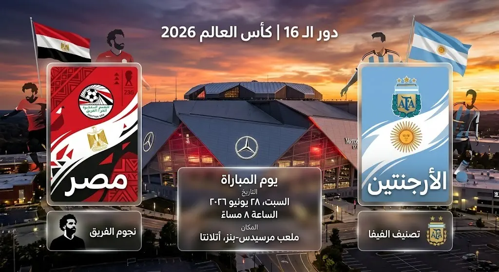 تصميم إنفوجرافيك يستعرض تفاصيل موعد وملعب مباراة مصر والأرجنتين في دور الـ 16 من كأس العالم 2026.