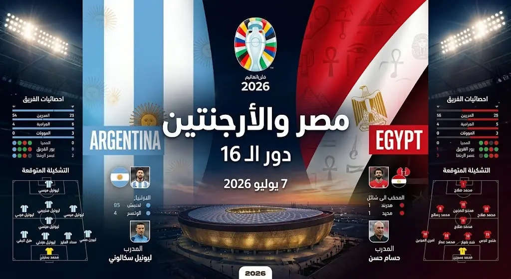 تصميم بياني يوضح موعد وتفاصيل مباراة مصر والأرجنتين في دور الستة عشر من كأس العالم 2026.