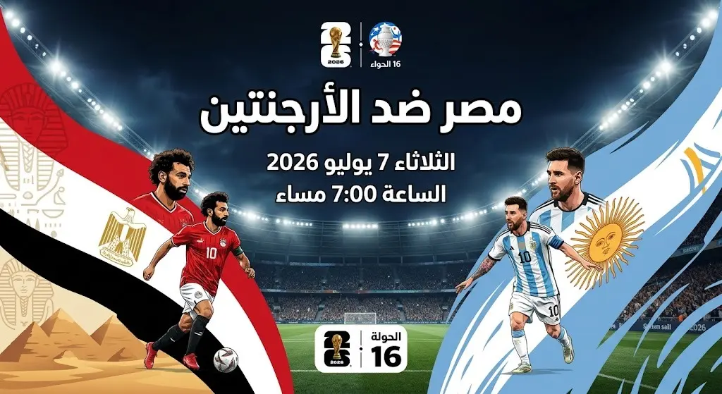 تصميم رياضي احترافي يوضح موعد وتاريخ مباراة مصر والأرجنتين في دور الـ16 من كأس العالم 2026.