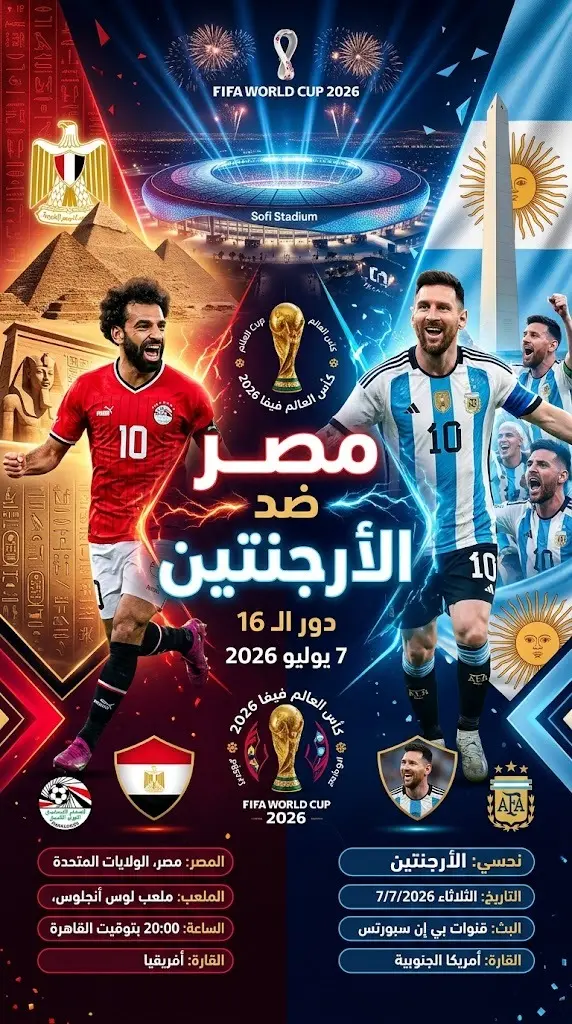 إنفوجرافيك رياضي يعرض موعد مباراة مصر والأرجنتين في دور الستة عشر من كأس العالم 2026 بتصميم يدمج ألوان علمي البلدين.