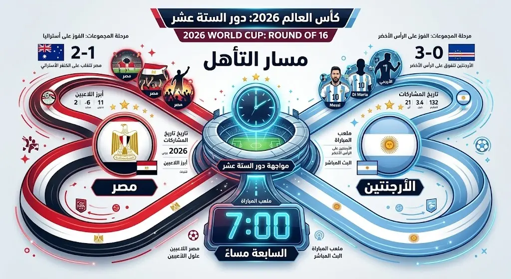 إنفوجرافيك يوضح مسار تأهل منتخبي مصر والأرجنتين لدور الستة عشر في كأس العالم 2026 وموعد المباراة وتفاصيل الصعود.