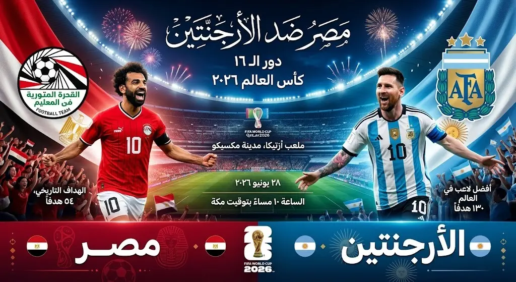 إنفوجرافيك احترافي يوضح تفاصيل وموعد مباراة منتخب مصر والأرجنتين في دور الـ 16 من كأس العالم 2026