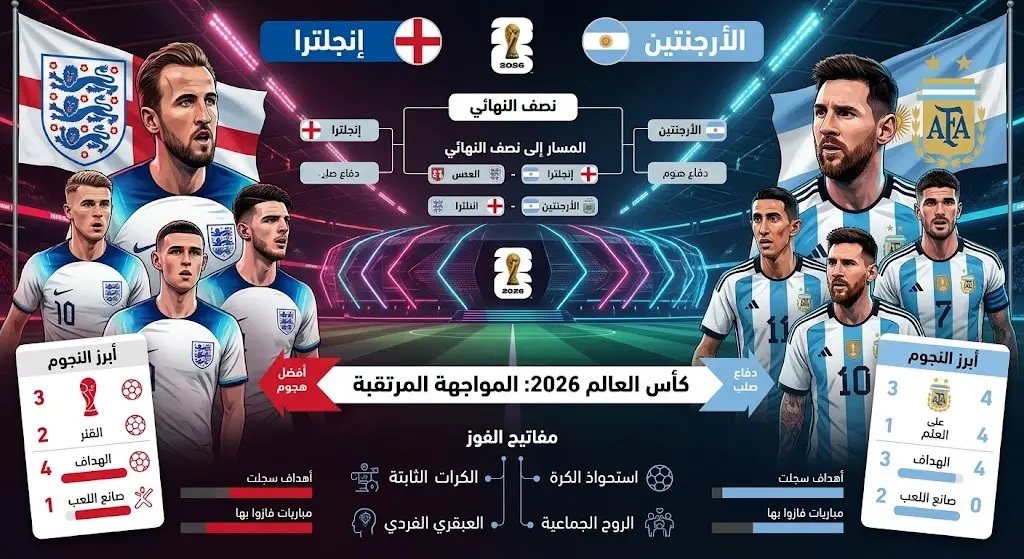تصميم إنفوجرافيك يوضح المواجهة المرتقبة بين إنجلترا والأرجنتين في نصف نهائي كأس العالم 2026 لتحديد منافس إسبانيا في النهائي.