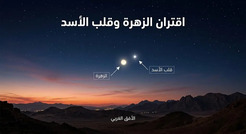 مشهد فلكي يوضح اقتران كوكب الزهرة بنجم قلب الأسد في الأفق الغربي بعد غروب الشمس.