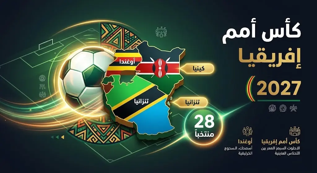 إنفوجرافيك رياضي يوضح تفاصيل استضافة كينيا وتنزانيا وأوغندا لبطولة كأس أمم إفريقيا 2027 بمشاركة 28 منتخباً.