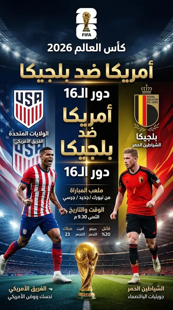 تصميم رياضي يستعرض مواجهة الولايات المتحدة الأمريكية وبلجيكا في دور الستة عشر من كأس العالم 2026