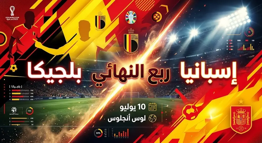 تصميم ترويجي لمباراة ربع النهائي القادمة بين منتخبي بلجيكا وإسبانيا في 10 يوليو.