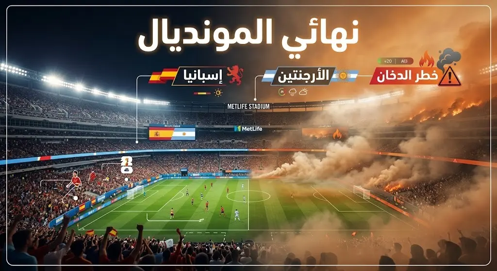 إنفوجرافيك احترافي يدمج بين ملعب كرة قدم وسماء مغطاة بالدخان، في إشارة لتأثير الأزمة على نهائي كأس العالم 2026 بين إسبانيا والأرجنتين.
