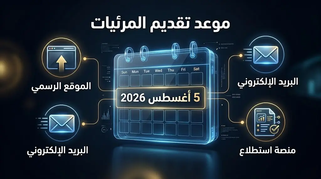 بطاقة معلومات توضح الموعد النهائي لتقديم المرئيات في 5 أغسطس 2026 والقنوات الرسمية المتاحة كمنصة استطلاع والبريد الإلكتروني.