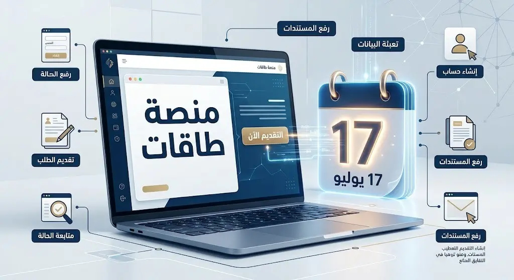 تصميم رقمي يبرز موعد بدء التقديم في 17 يوليو والآلية عبر منصة طاقات الإلكترونية.
