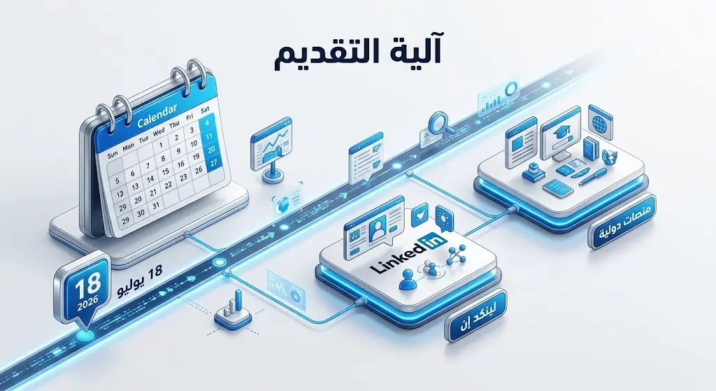 تصميم بياني يستعرض آلية وموعد التقديم على الوظائف عبر المنصات المهنية المعتمدة بدءاً من 18 يوليو 2026.