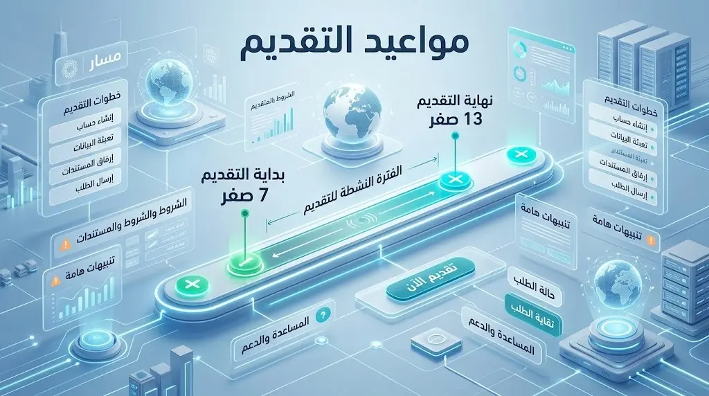 تصميم رقمي يوضح الجدول الزمني لفتح وإغلاق باب التقديم عبر منصة مسار من 7 إلى 13 صفر.