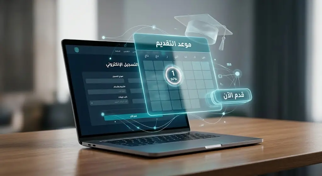 تصميم ثلاثي الأبعاد يبرز موعد بدء التقديم الإلكتروني على برامج الأكاديمية الوطنية للبناء عبر تقويم رقمي وشاشة حاسوب.