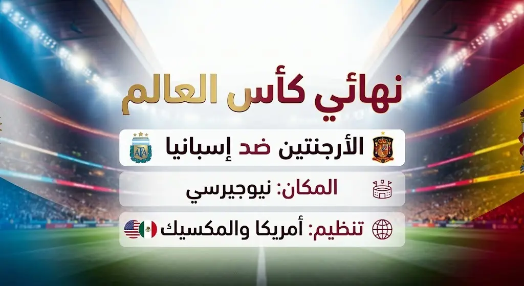 بطاقة معلومات رياضية تستعرض تفاصيل المباراة النهائية لكأس العالم بين الأرجنتين وإسبانيا في ولاية نيوجيرسي.