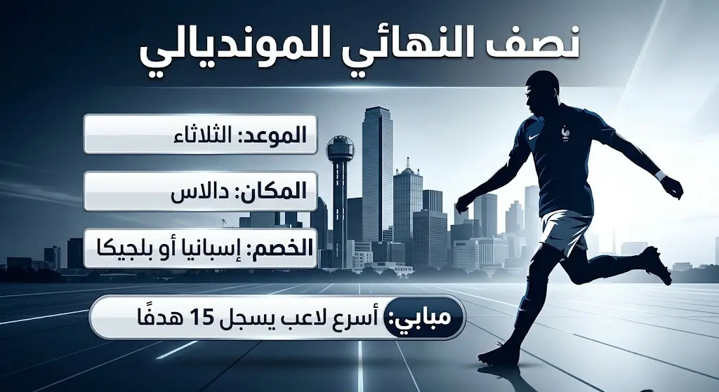 بطاقة معلومات مرئية احترافية توضح تفاصيل مباراة نصف النهائي لمنتخب فرنسا المنتظرة في مدينة دالاس، مع إبراز أرقام مبابي القياسية.