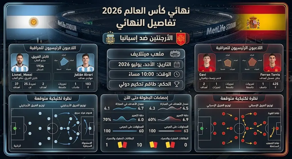 إنفوجرافيك رياضي يوضح تفاصيل وملعب وتوقيت المباراة النهائية لكأس العالم 2026 بين الأرجنتين وإسبانيا