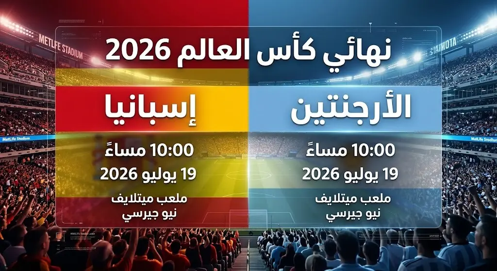 إنفوجرافيك يستعرض موعد وتفاصيل مباراة إسبانيا والأرجنتين في نهائي كأس العالم 2026 وتوقيتاتها.