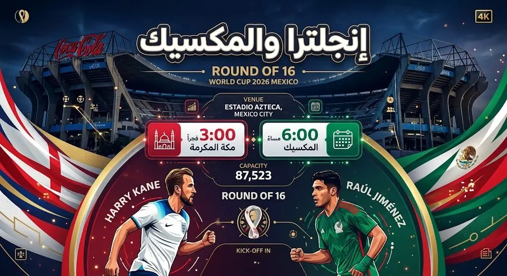 إنفوجرافيك رياضي يستعرض موعد مباراة إنجلترا والمكسيك في ملعب أزتيكا ضمن دور الـ16 والتوقيتات الزمنية المختلفة.