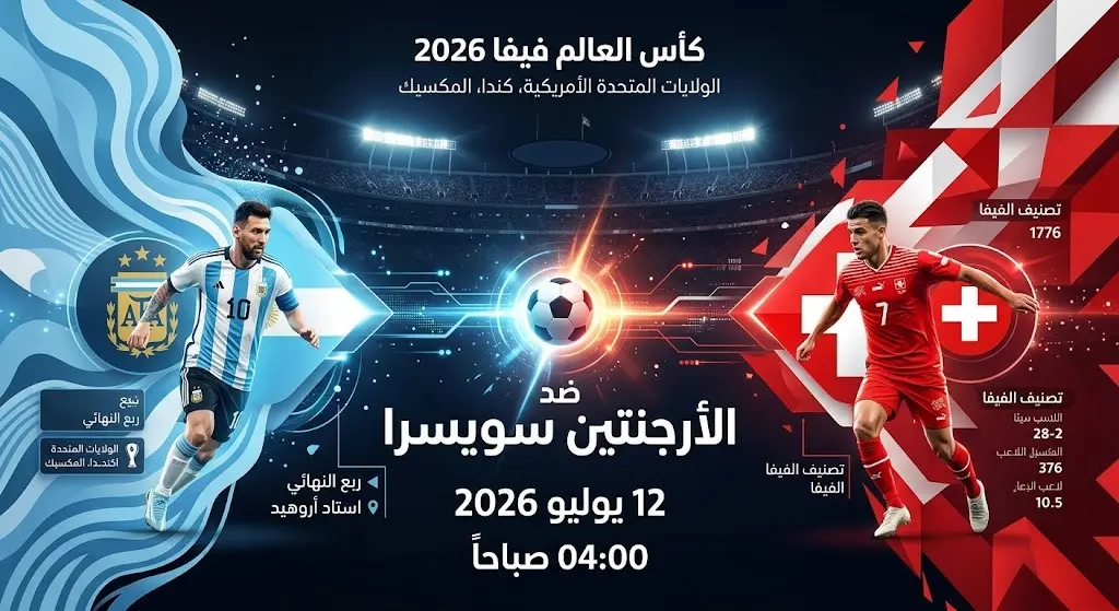 إنفوجرافيك يعرض تفاصيل وموعد مباراة الأرجنتين وسويسرا في ربع نهائي كأس العالم 2026