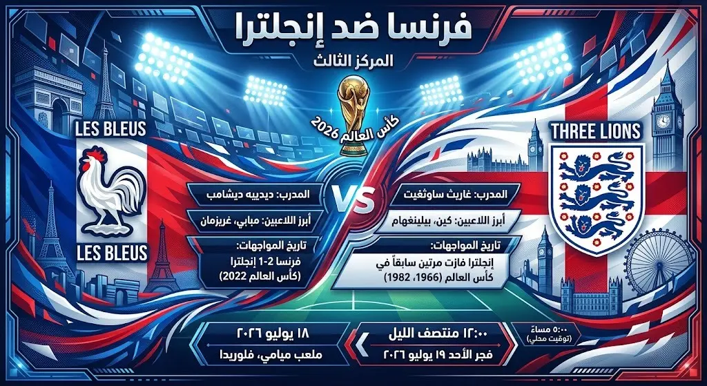 إنفوجرافيك وتصميم بصري يوضح تفاصيل وموعد مباراة فرنسا وإنجلترا لتحديد المركز الثالث في كأس العالم 2026.