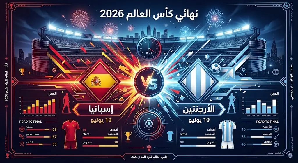 إنفوجرافيك يستعرض تفاصيل وموعد مباراة نهائي كأس العالم 2026 بين منتخبي إسبانيا والأرجنتين.