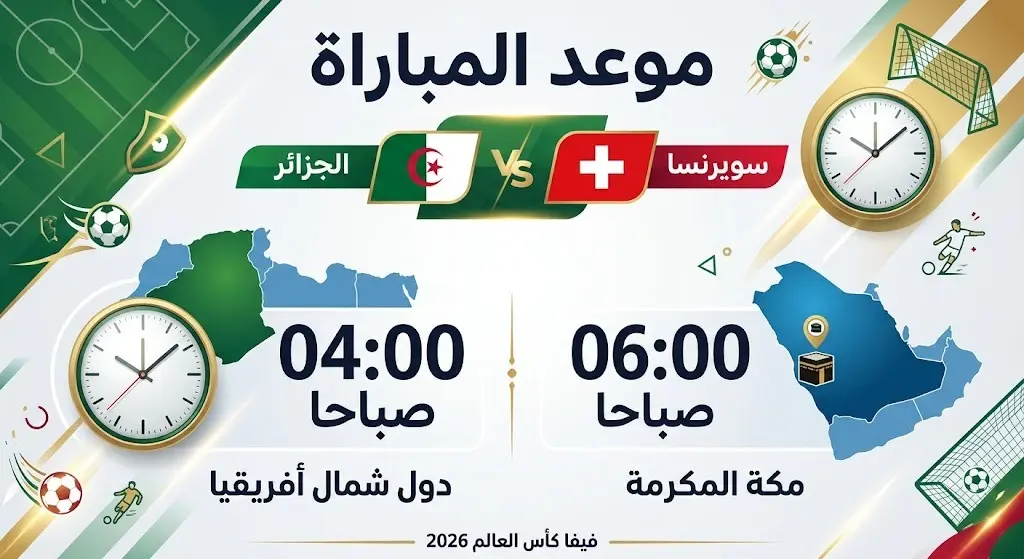 إنفوجرافيك رياضي حديث يوضح توقيت انطلاق مباراة الجزائر وسويسرا في دور الـ 32 من كأس العالم 2026 في مختلف الدول العربية.
