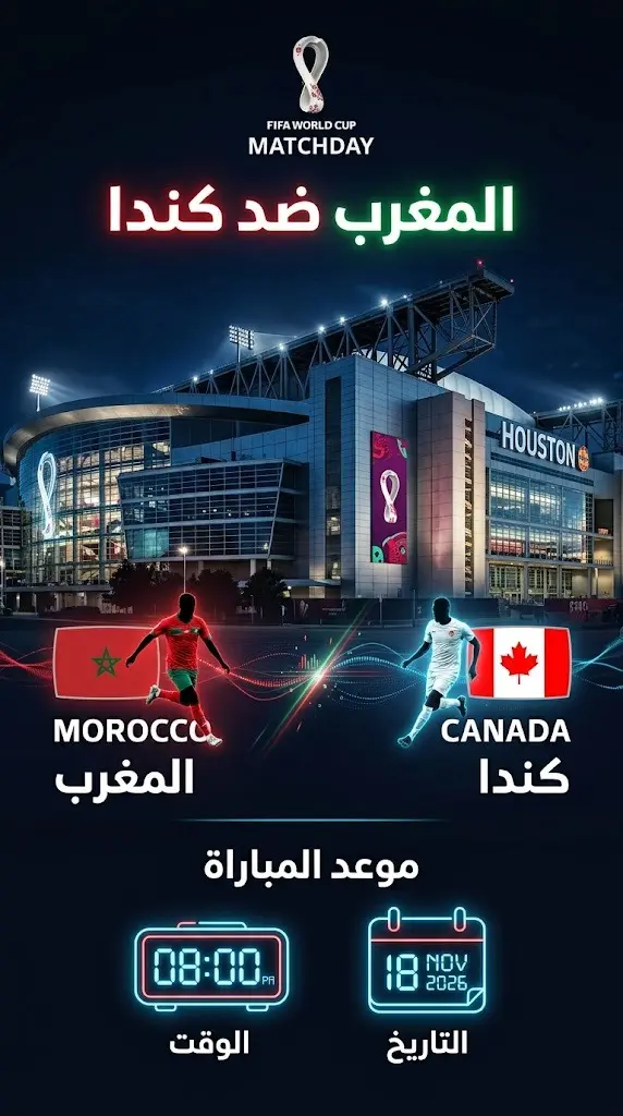 بطاقة معلومات تصميمية حديثة توضح موعد انطلاق مباراة المغرب وكندا في دور الـ 16 من كأس العالم 2026 بتوقيت السعودية والرباط.
