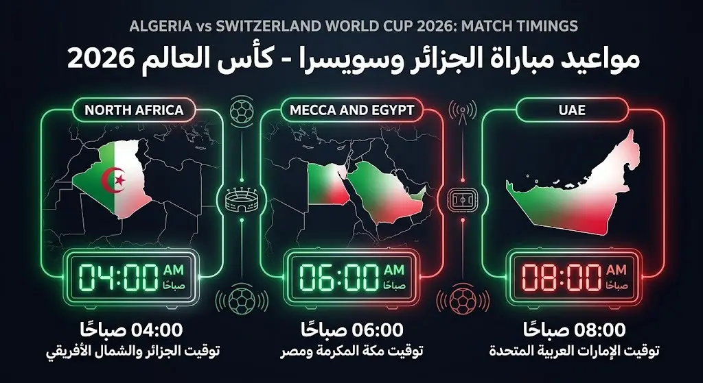 إنفوجرافيك يوضح مواعيد انطلاق صافرة مباراة الجزائر وسويسرا بتوقيت مختلف الدول العربية