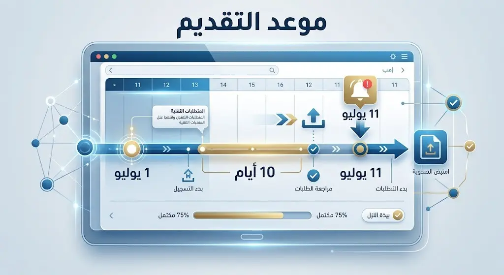 تصميم بياني يوضح الجدول الزمني لفترة التقديم الإلكتروني الممتدة لعشرة أيام
