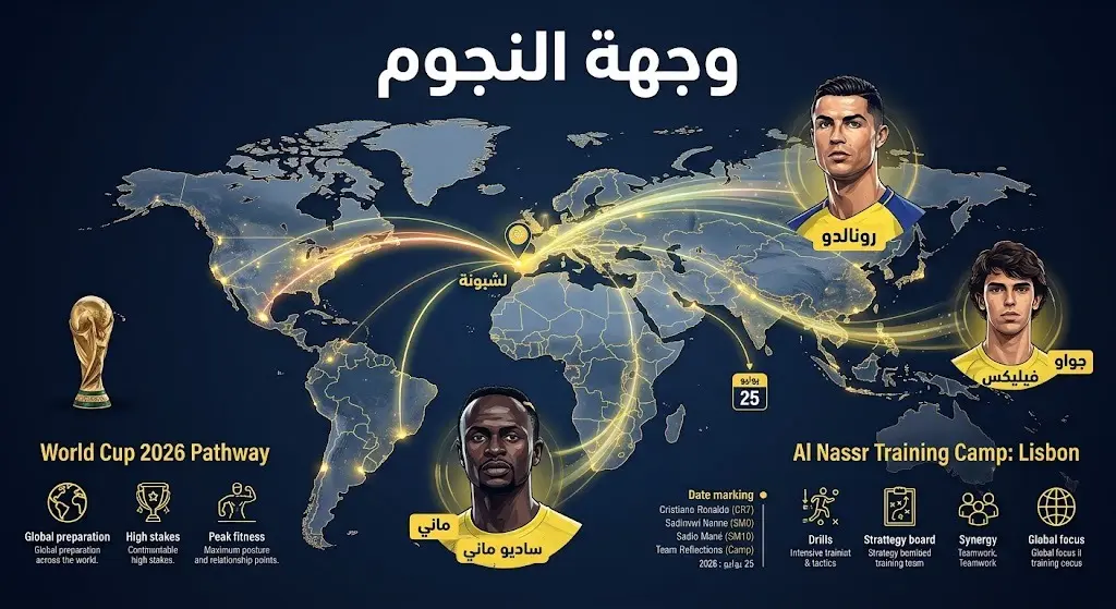 إنفوجرافيك يوضح موعد ومكان التحاق كريستيانو رونالدو وساديو ماني وجواو فيليكس بمعسكر النصر في لشبونة.
