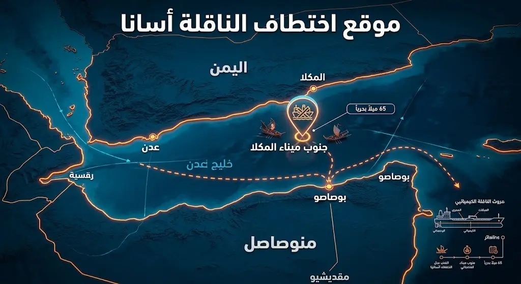 خريطة إنفوجرافيك ثلاثية الأبعاد توضح موقع اختطاف ناقلة المواد الكيميائية أسانا جنوب ميناء المكلا ومسارها باتجاه ميناء بوصاصو.