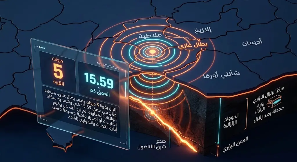 تصميم إنفوجرافيك ثلاثي الأبعاد يوضح موقع زلزال بطال غازي في تركيا وقوته البالغة 5 درجات على عمق 15.59 كيلومتراً.
