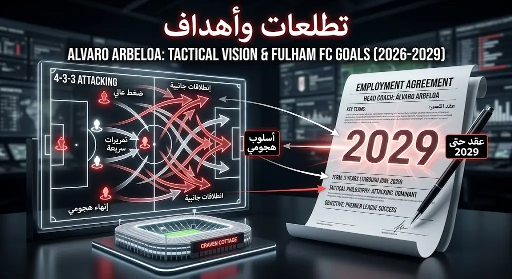 تصميم تعبيري يبرز أهداف أربيلوا مع فولهام، التكتيك الهجومي، وعقده الممتد حتى 2029