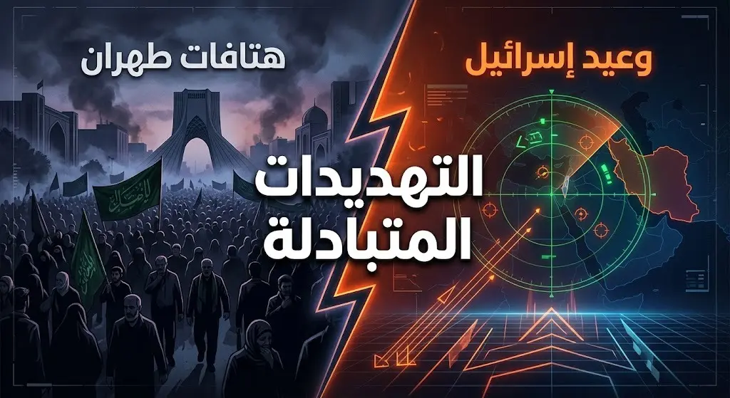 تصميم صحفي يجسد التوتر بين إسرائيل وإيران، يظهر حشود المشيعين في طهران مقابل رادار عسكري إسرائيلي يرمز للتهديدات المتصاعدة، مع نصوص عربية توضيحية.