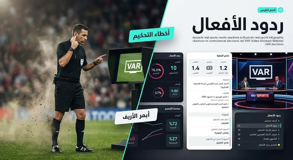 إنفوجرافيك رياضي احترافي يستعرض ردود الأفعال والانتقادات الحقيقية الموجهة لطاقم التحكيم وقرارات تقنية الفار.