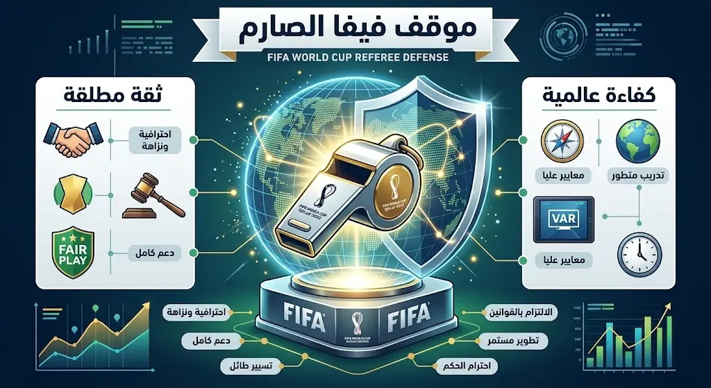 إنفوجرافيك يبرز موقف الفيفا الصارم في دعم حكام كأس العالم وتصريحات كولينا الداعمة لطاقم التحكيم.